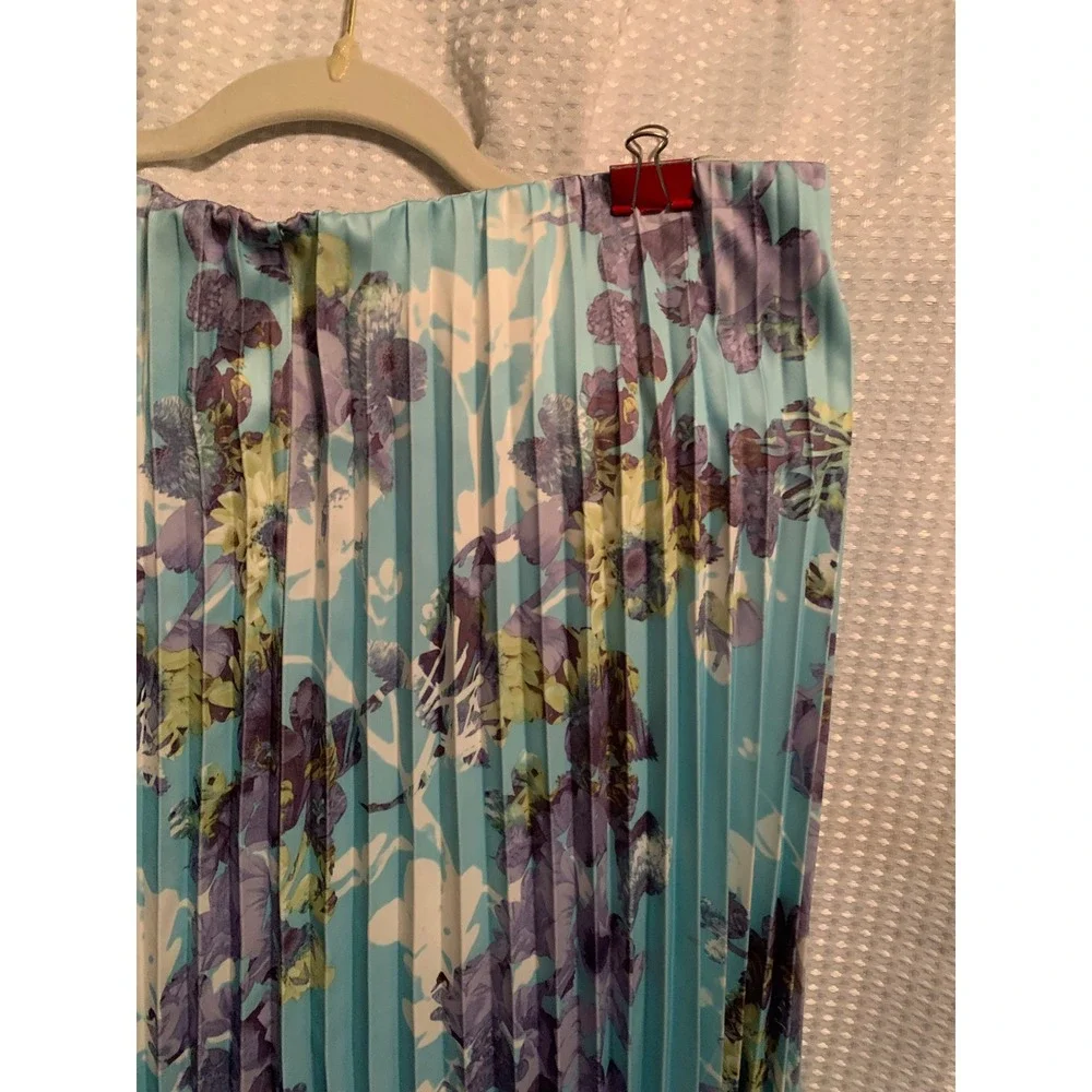 Worthington Womens Blue Purple Floral Pleated Midi Skirt Large Elastic‎ Waist